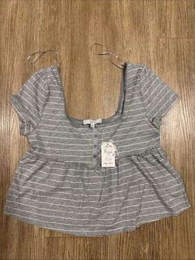 Hippie Rose Striped Gray Short Sleeve Peplum Top - Gray XL